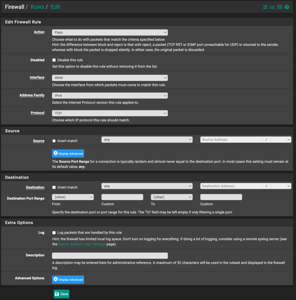 pfsense firewall rule page.