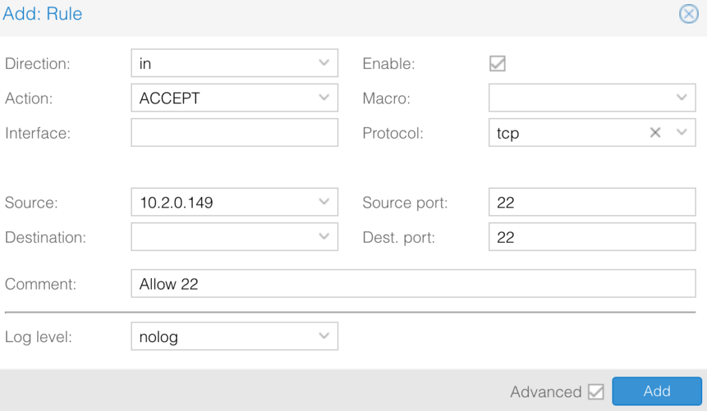 creating tcp 22 firewall rule in proxmox.