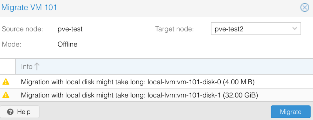 displaying the migration screen of a virtual machine.