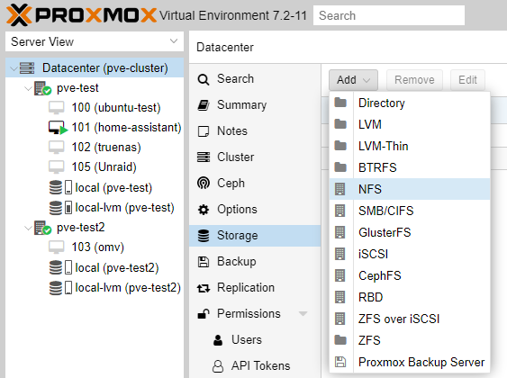 creating an NFS share in proxmox.