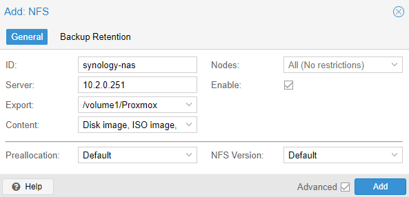 adding the synology nas storage in proxmox for an nfs share.