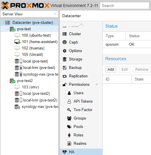 proxmox datacenter high availability screen.