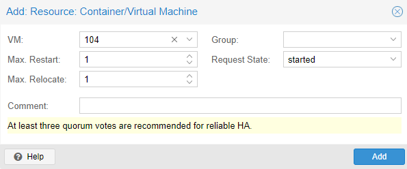 adding a VM to high-availability so proxmox monitors it.