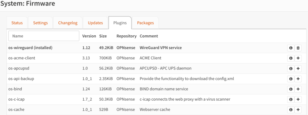 plugins/packages in opnsense.