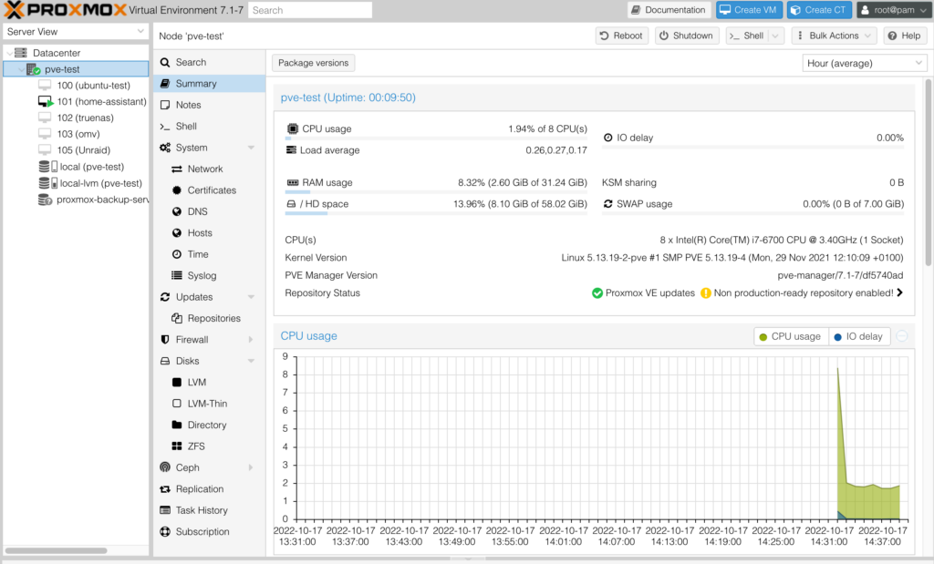 proxmox dashboard web gui.