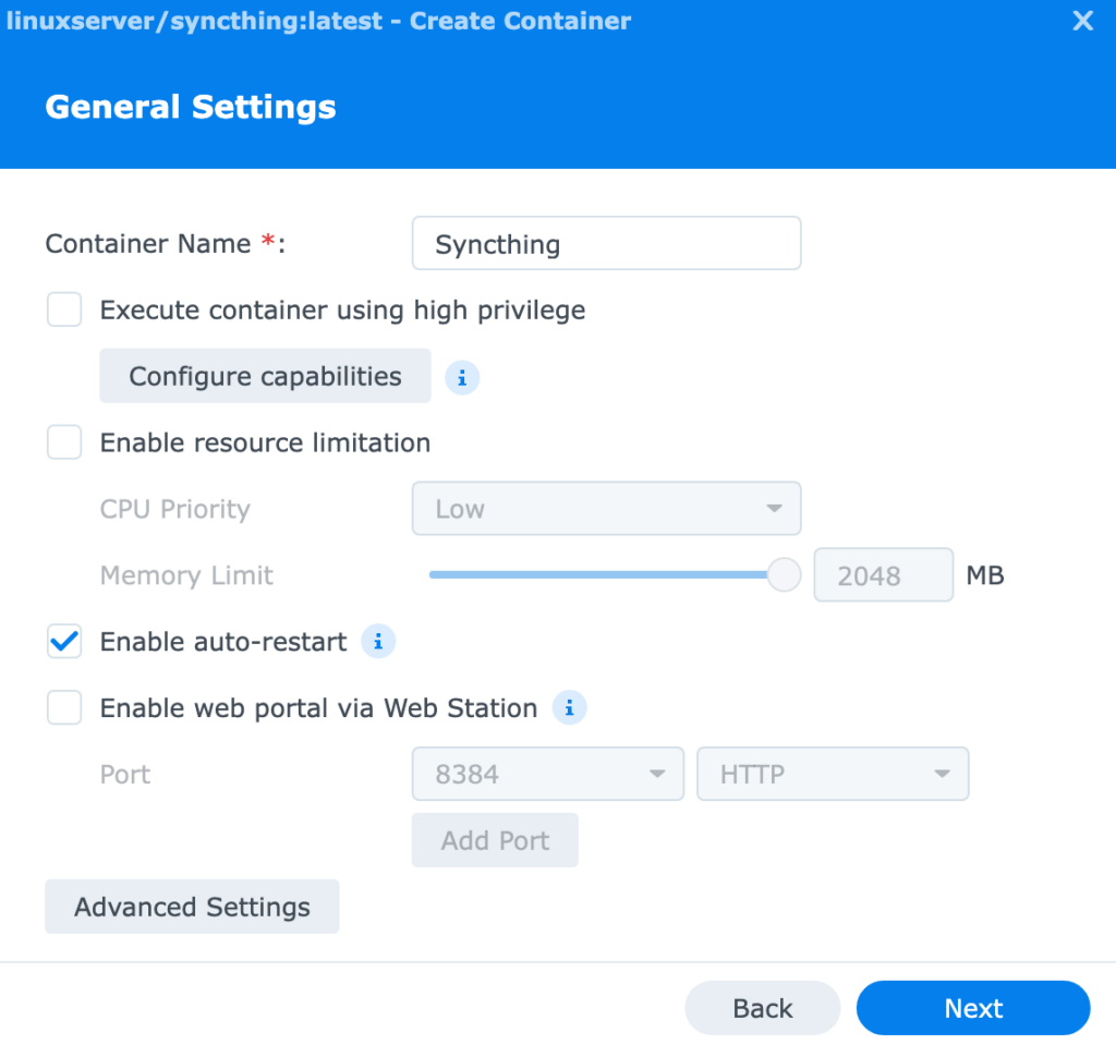 how to set up syncthing on a synology nas - creating a container name and enabling auto-restart.