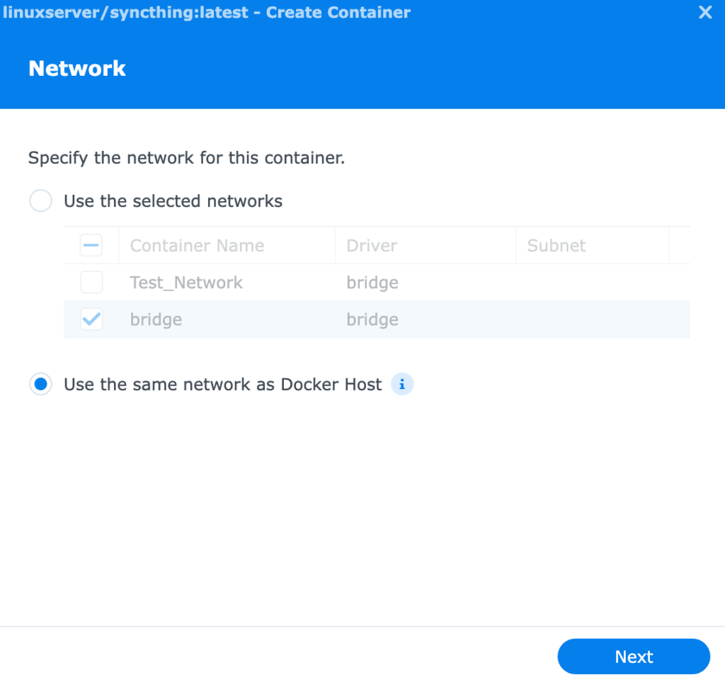 selecting the network to use the docker hosts.