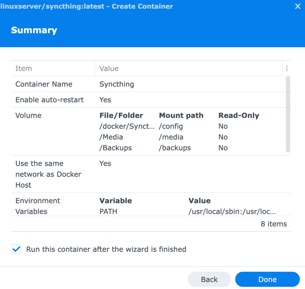 confirming the settings of the syncthing container and creating it.