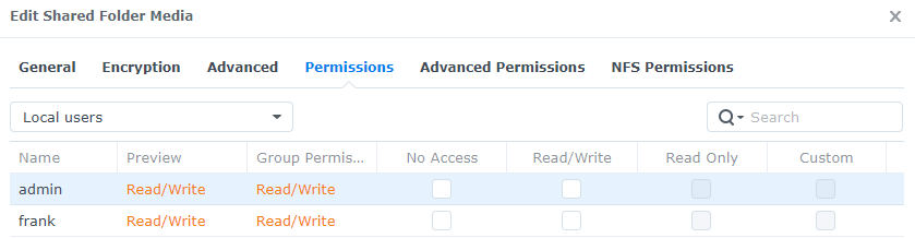 viewing the permissions of a shared folder in dsm.