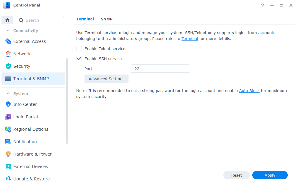 synology nas control panel ssh settings