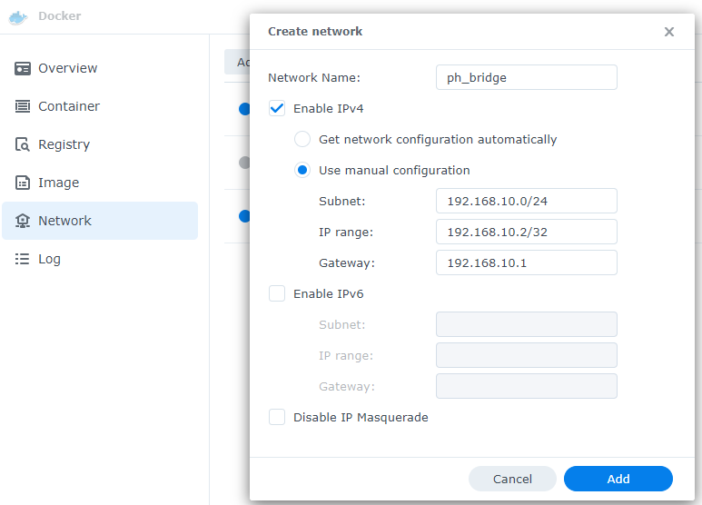 creating the pi-hole bridge in docker