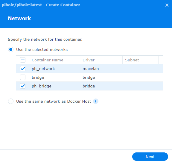 selecting the macvlan and bridge networks created