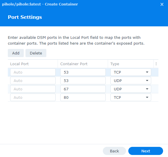 port settings for pi-hole
