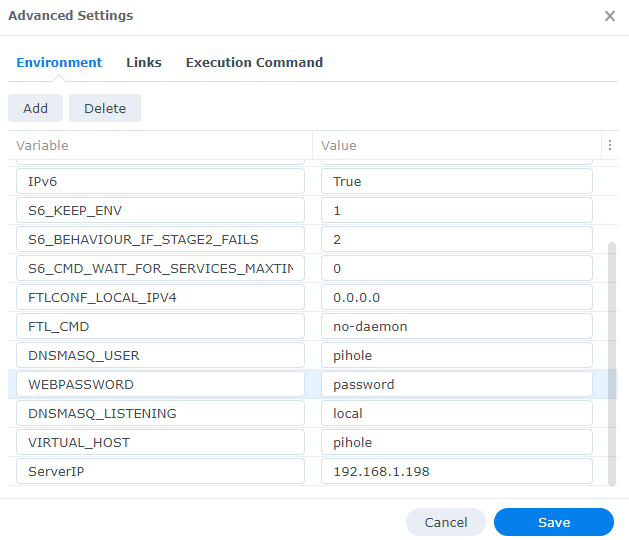 pi-hole environment variables for macvlan
