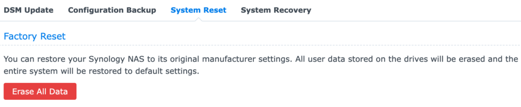 how to factory reset a synology nas - erase all data button under system reset.