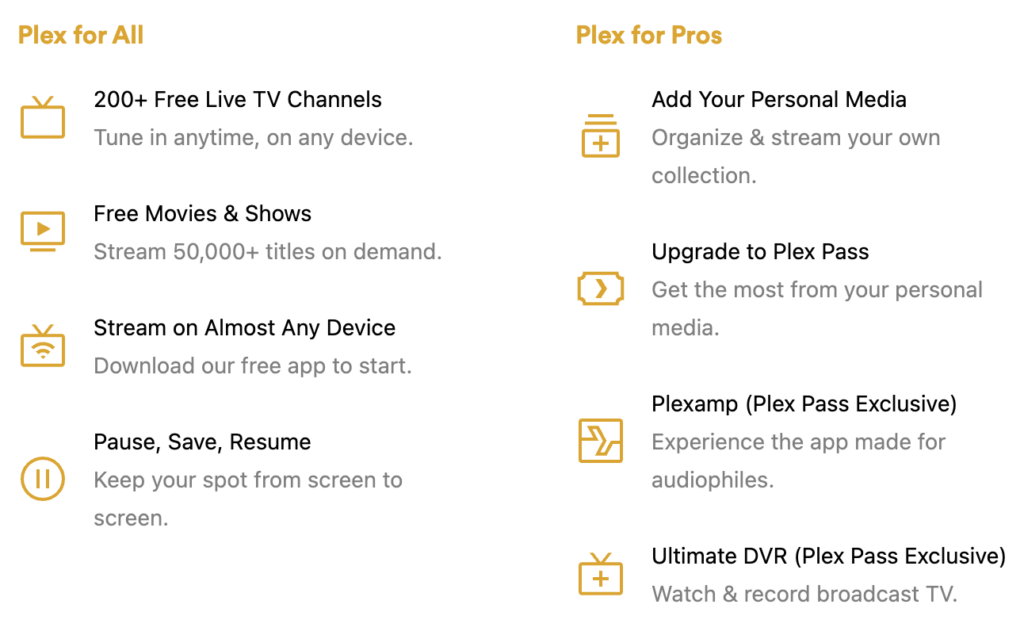 Plex features available to all users (live TV, movies/TV, streaming, Plex Pass).