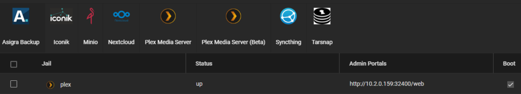 truenas core plex jail confirmation and admin portal.
