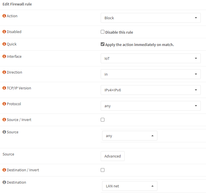 vlan rule which blocks access to the LAN network from the IoT network.