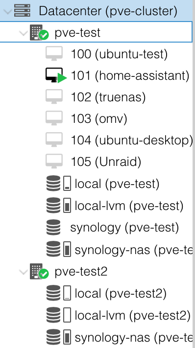 displaying how all VMs were migrated from pve-test2 node to pve-test before removing the node from the cluster.