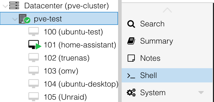 proxmox shell location.