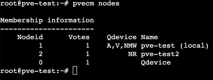 membership info showing two nodes and a qdevice connected to this cluster.