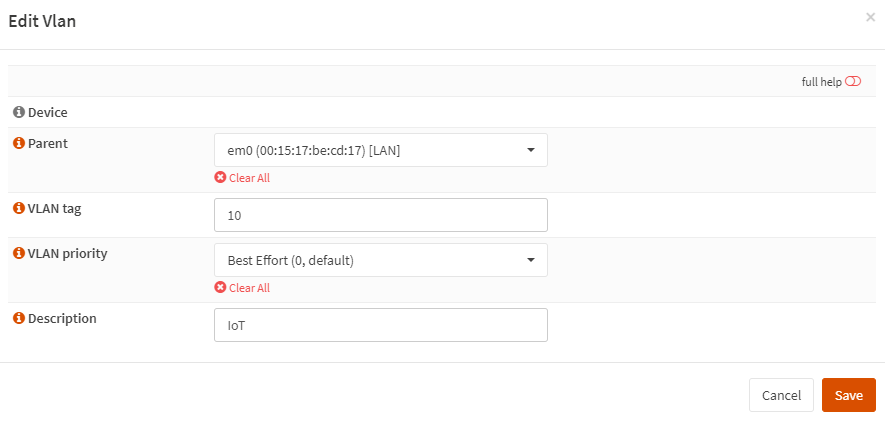 opnsense vlan creation screen.