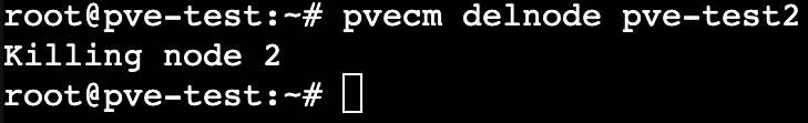 displaying the command for deleting a node in Proxmox.