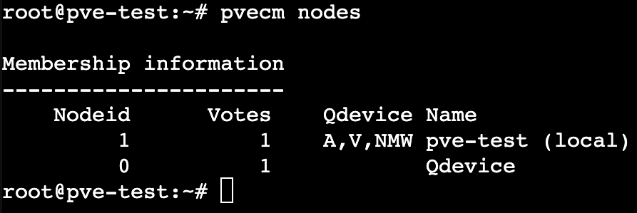 membership info showing one node and a qdevice connected to this cluster.