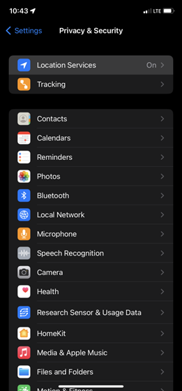 location services section in settings app on iphone.