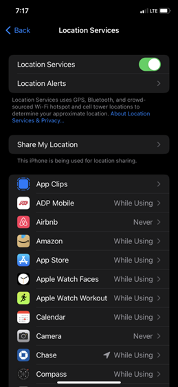 location services settings and applications on ios16.