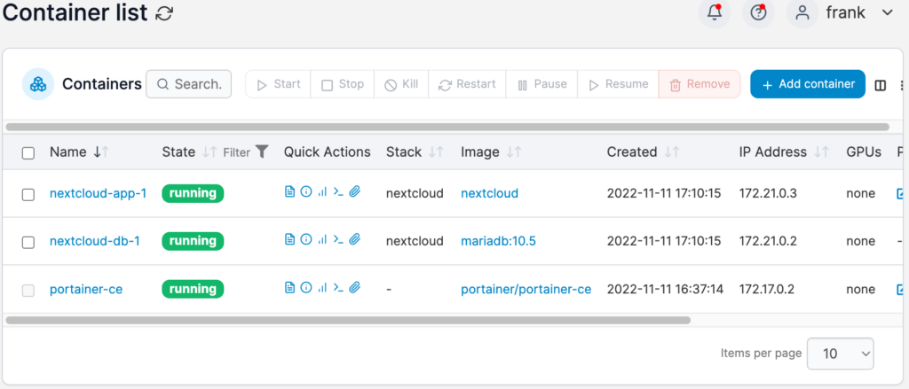 portainer container list. how to set up nextcloud on a synology nas.