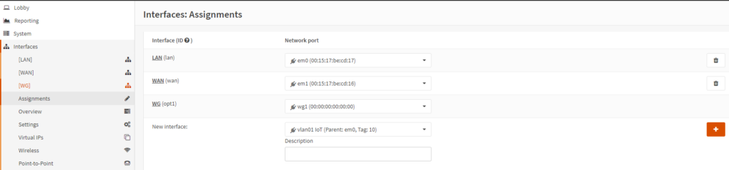 adding the new vlan interface to the interfaces tab.