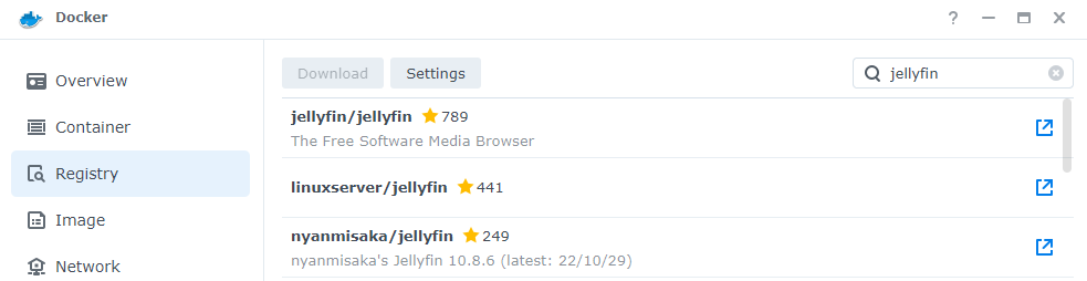 how to set up jellyfin on a synology nas - docker registry download for jellyfin.