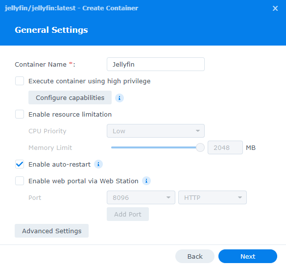 jellyfin container general settings configuration. 