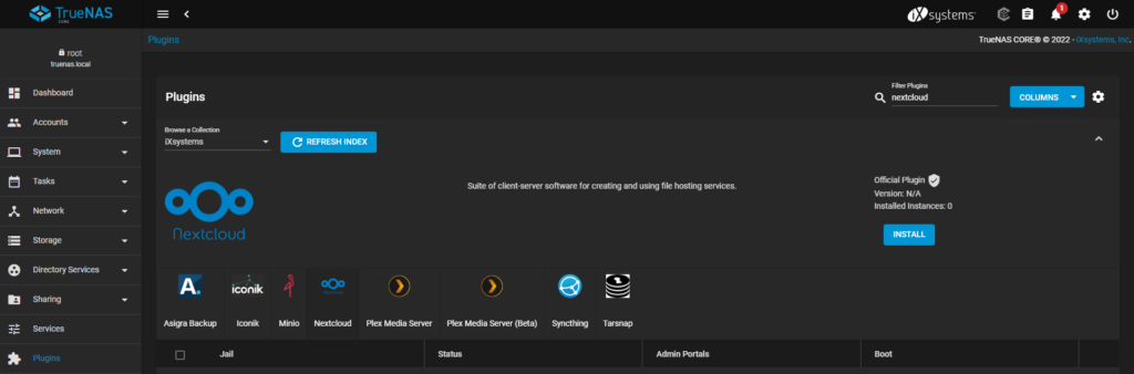 how to install nextcloud on truenas core. install button.