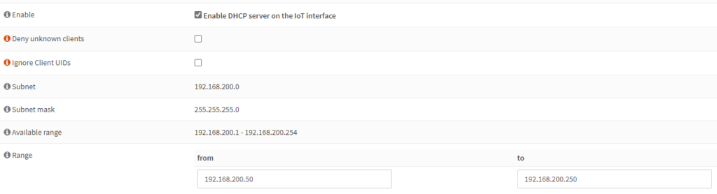 enabling dhcp server and setting the ip range as 192.168.200.50 to 192.168.200.250.