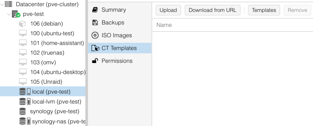 container template screen in proxmox. 