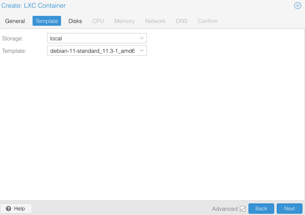 template selection in proxmox.