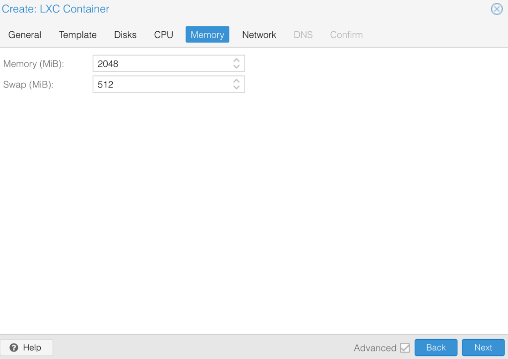 lxc container memory selection.