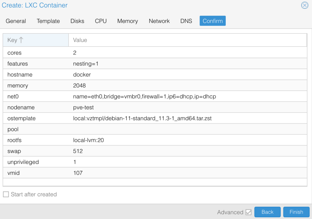 lxc container confirmation settings.