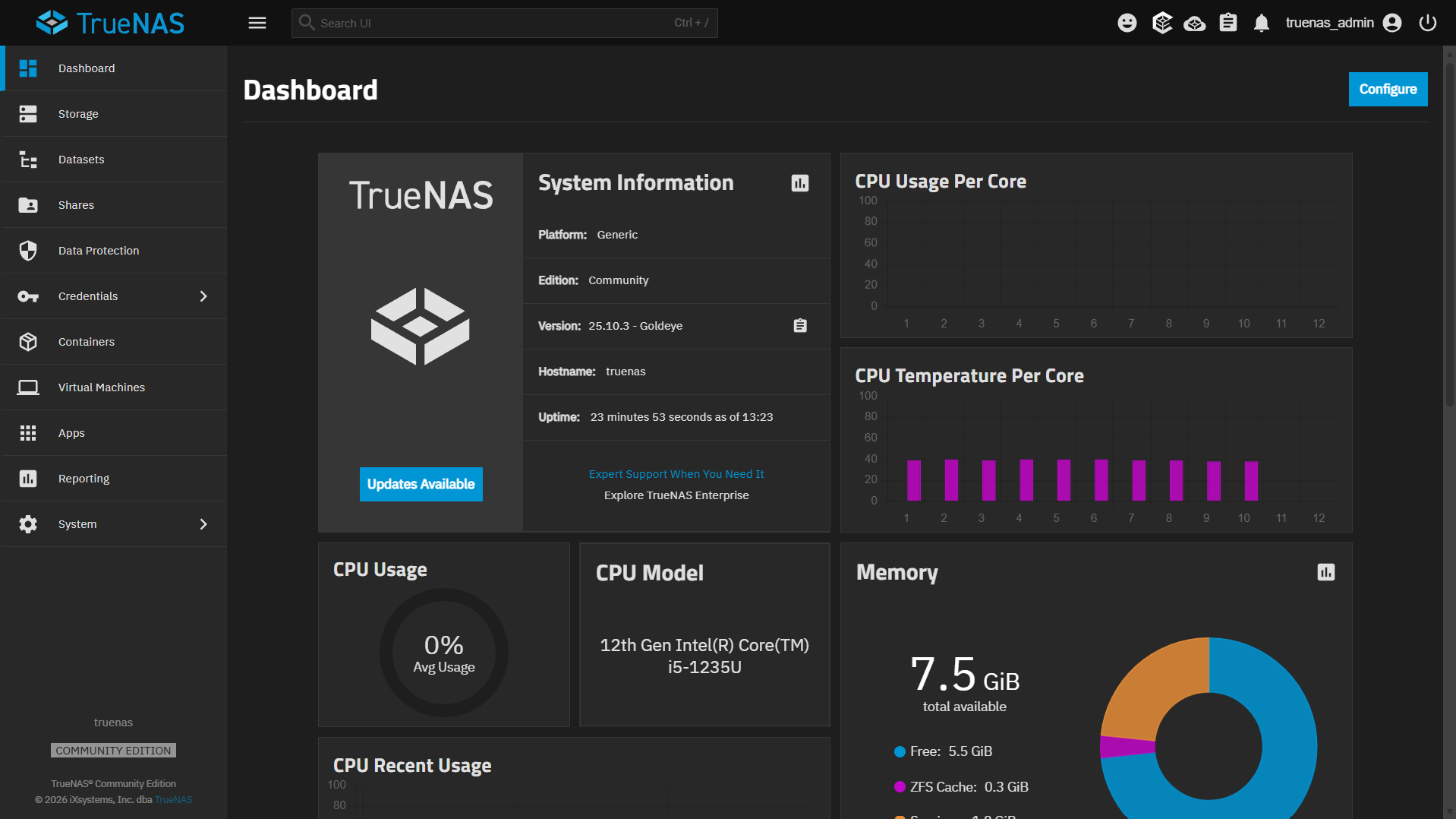 TrueNAS Community Edition dashboard displaying storage pools, datasets, and service status.
