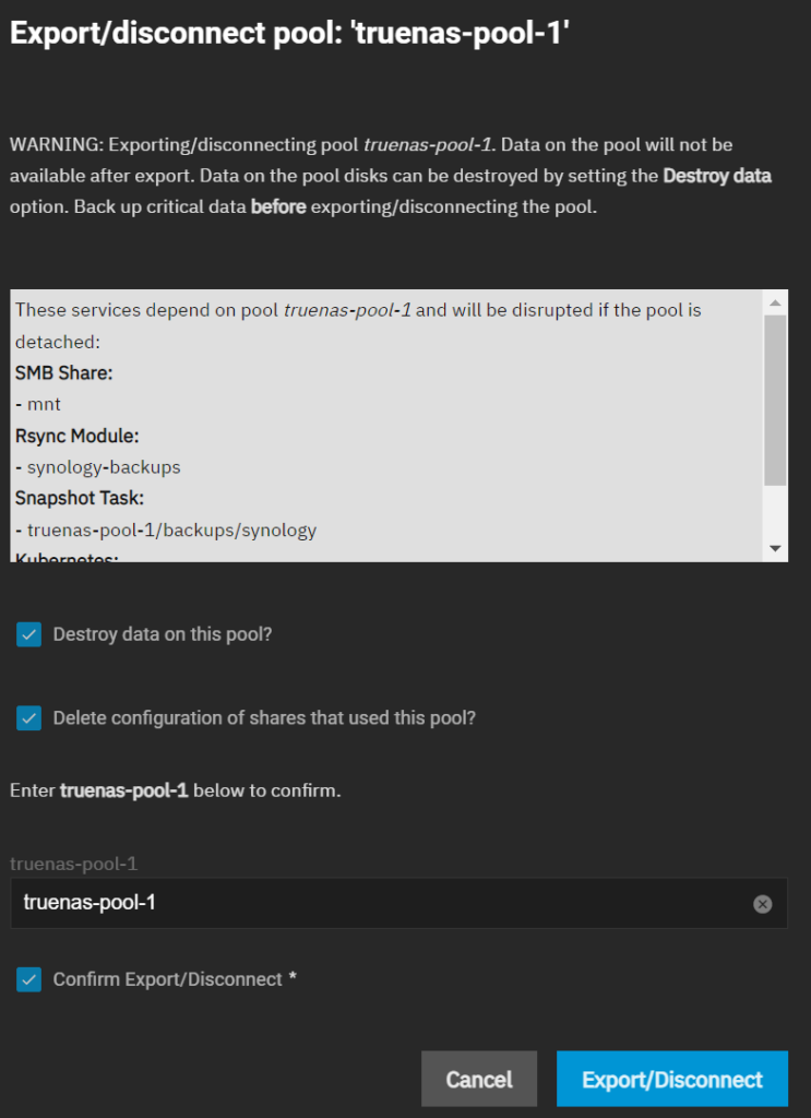 disconnecting a storage pool in truenas.