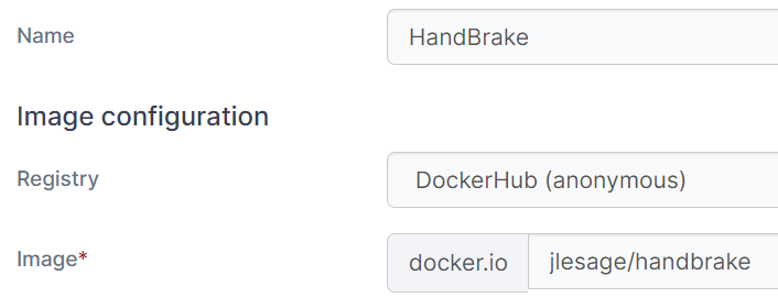 portainer container creation for handbrake.