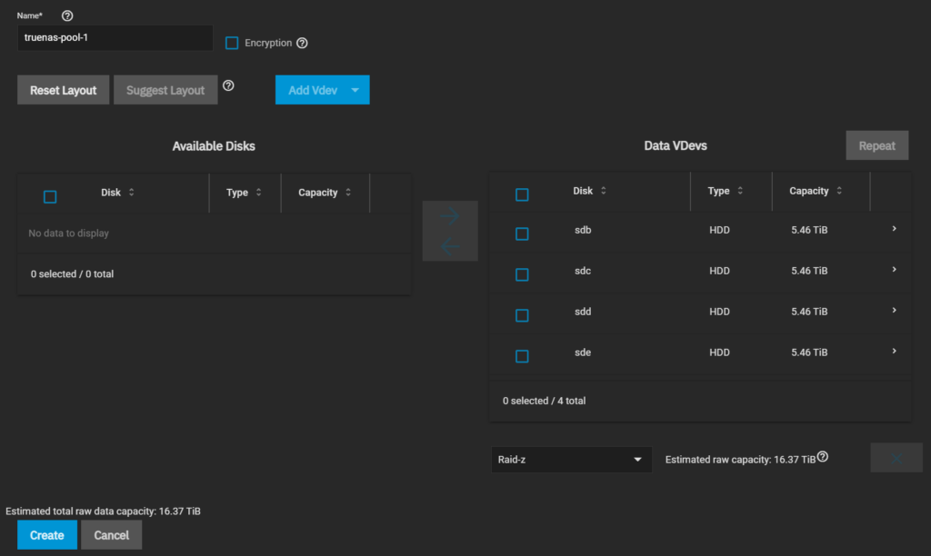 creating storage pool in truenas scale.