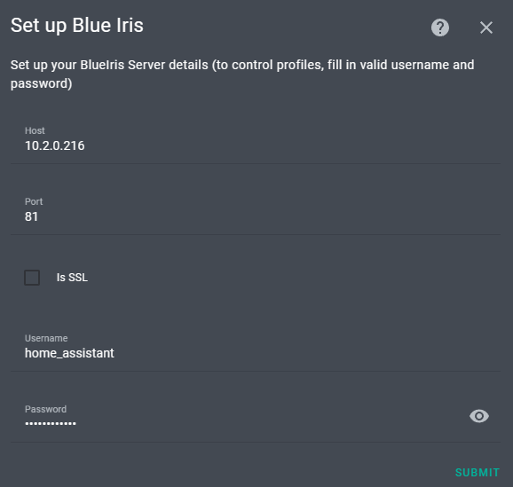 Blue Iris settings in Home Assistant.