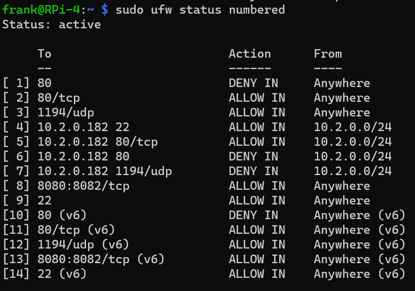 sudo ufw status numbered