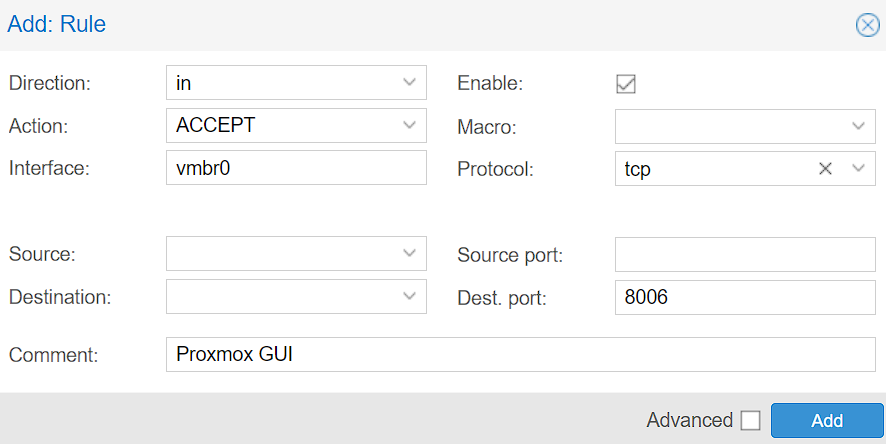 proxmox datacenter firewall rule with interface.