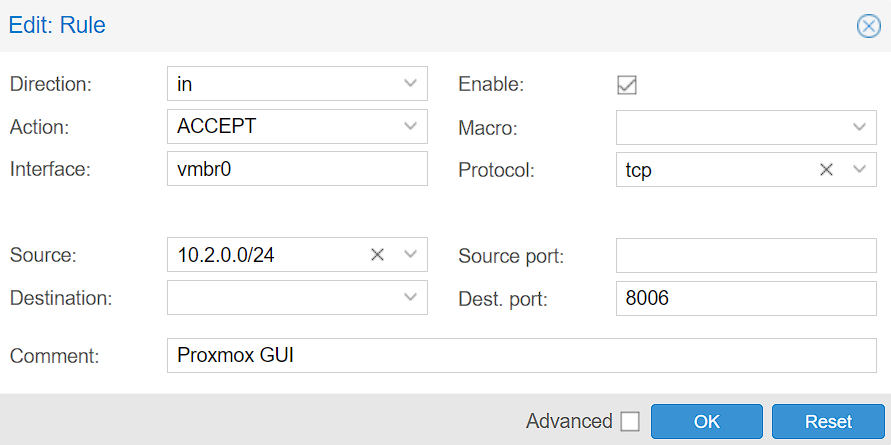 creating an allow rule for port 8006 in the proxmox datacenter.