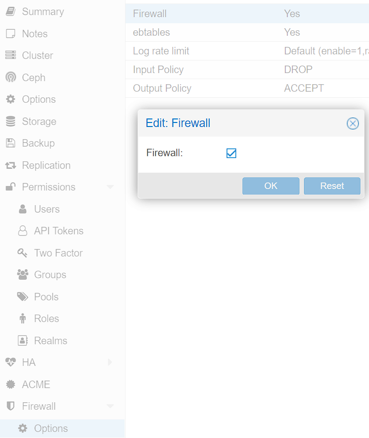 enabling the firewall in proxmox.