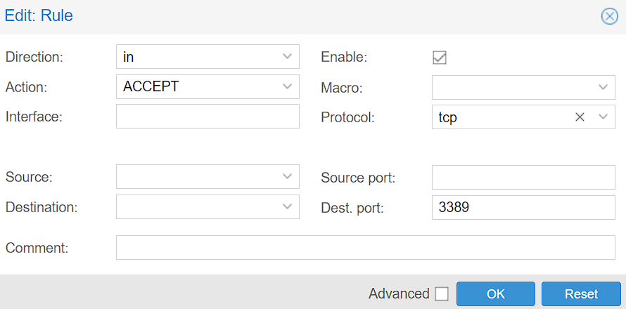 creating an allow rule for port 3389 in prxomox.